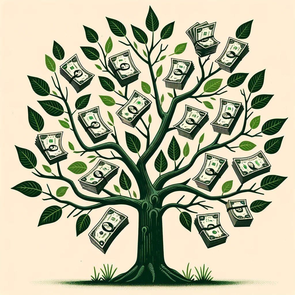 DALL·E 2023-10-25 18.00.58 - Illustration of a tree with dollar bill leaves. Each branch represents a year, and as the branches grow upwards, they have more dollar bill leaves, si